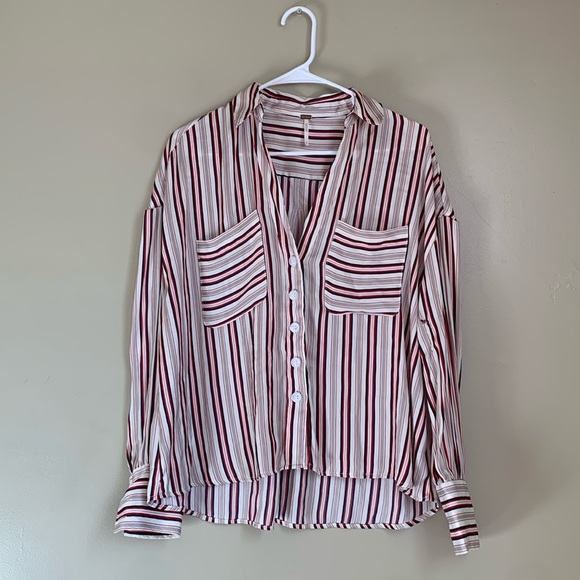 Free People Mad About You Striped red and cream Button Down Blouse silky - Picture 1 of 10